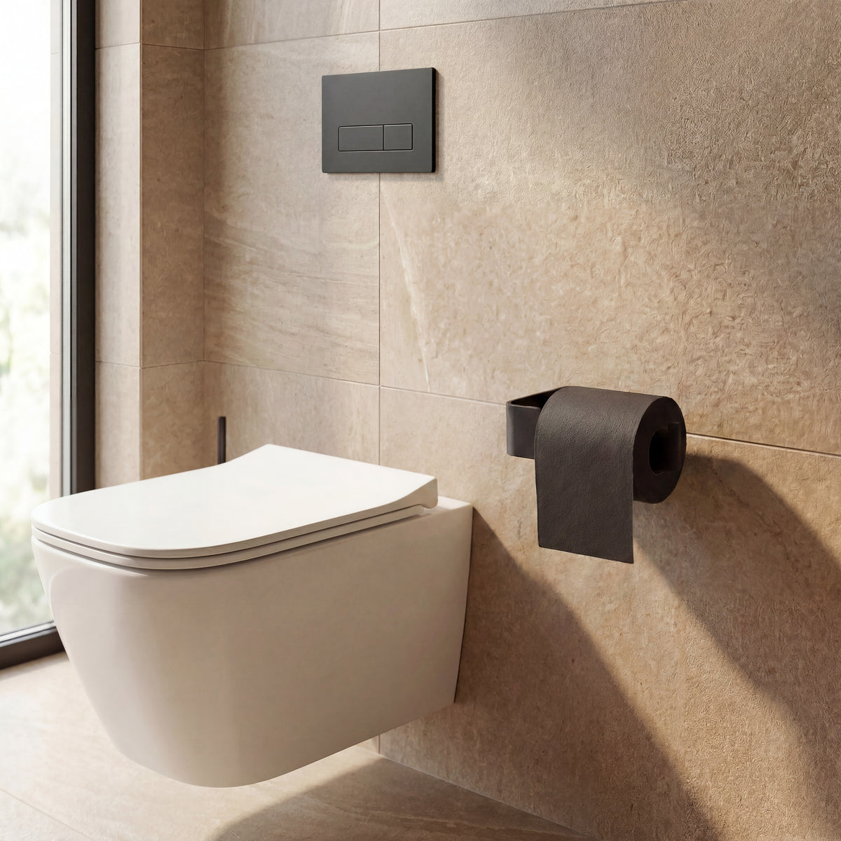 Toilettenpapierhalter in Schwarz matt neben dem WC an der Wand montiert