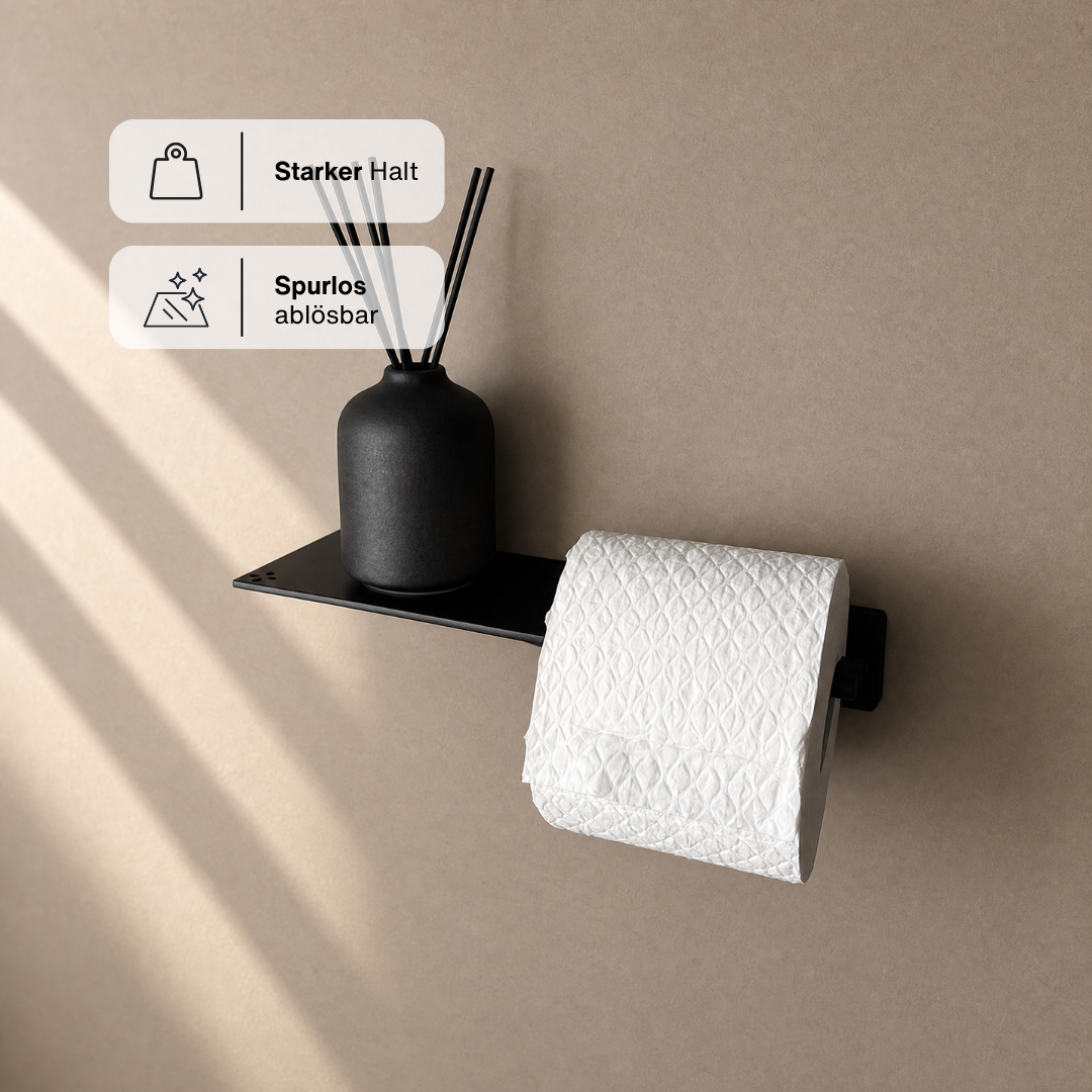 Toilettenpapierhalter mit Ablage Schwarz, bestückt, Hinweise: starker Halt und spurlos ablösbar