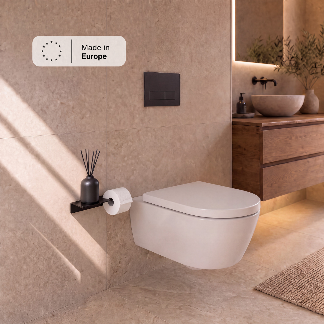 Toilettenpapierhalter mit Ablage Schwarz neben dem Wand-WC im Bad, Hinweis Made in Europe