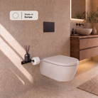 Toilettenpapierhalter mit Ablage Schwarz neben dem Wand-WC im Bad, Hinweis Made in Europe