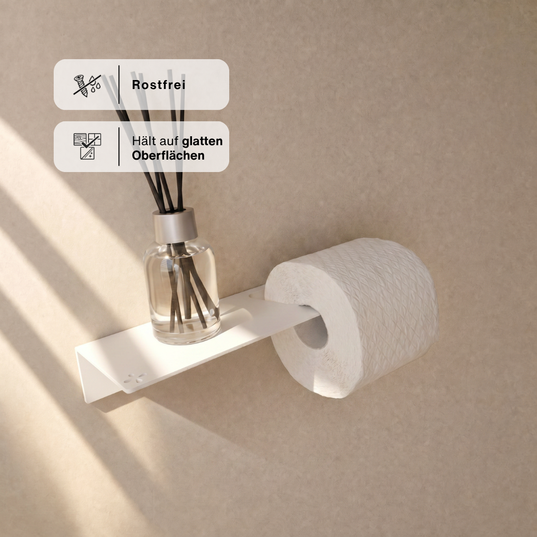 Toilettenpapierhalter mit Ablage Weiß mit Diffuser und Rolle, Hinweise: rostfrei und hält auf glatten Oberflächen