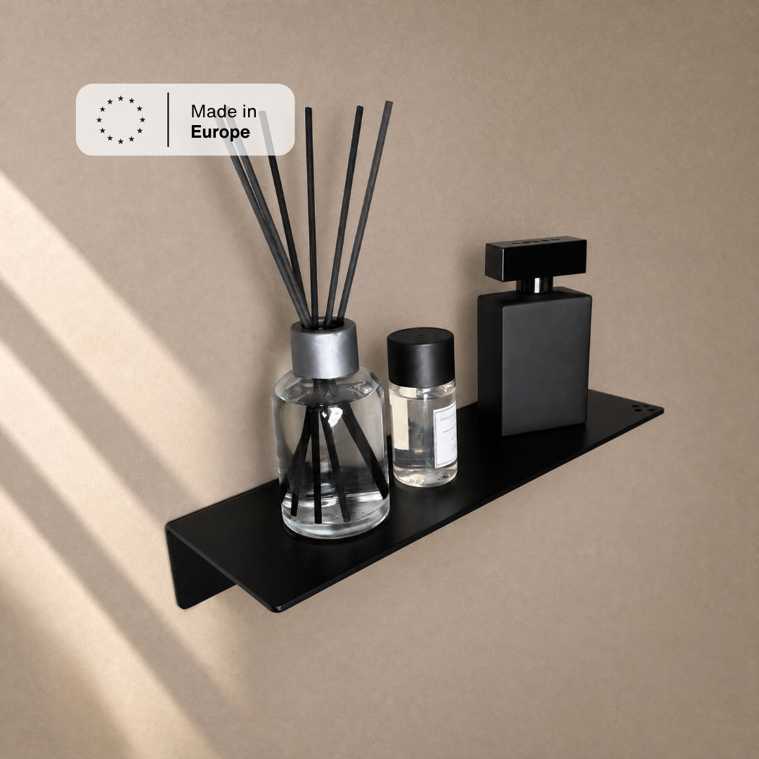 Wandregal klein Schwarz mit Diffuser und Parfumflakon, Hinweis Made in Europe