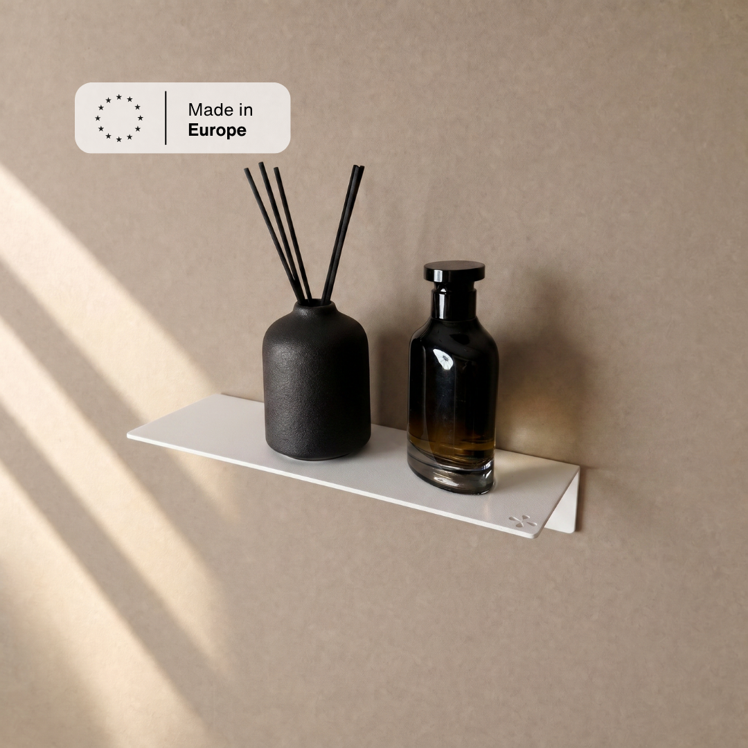 Wandregal klein Weiß mit Diffuser und Glasflasche, Hinweis Made in Europe